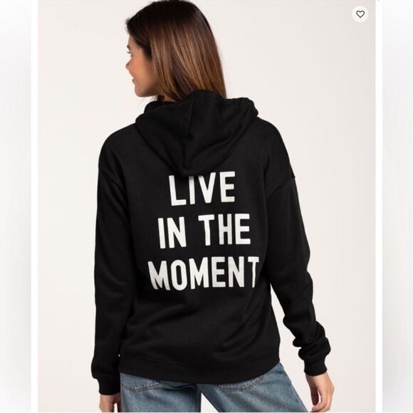 Tillys XS Black White Cotton Unique Live in the Moment Print Full Zip Hoodie - Picture 2 of 14